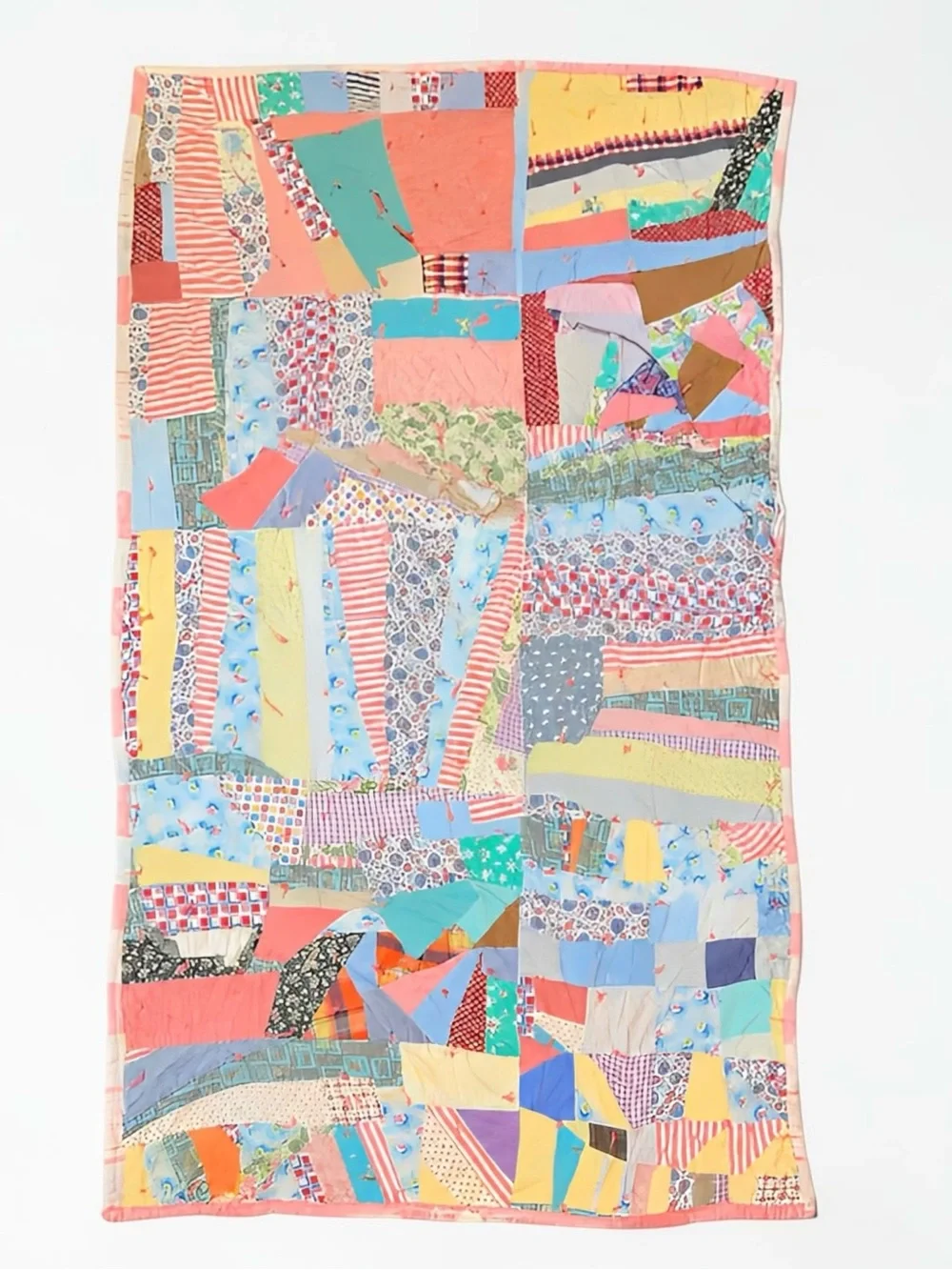 VTG 1950s Folk Art Tied Crazy Quilt Rock N Roll Novelty Feedsack Scrap Blanket
